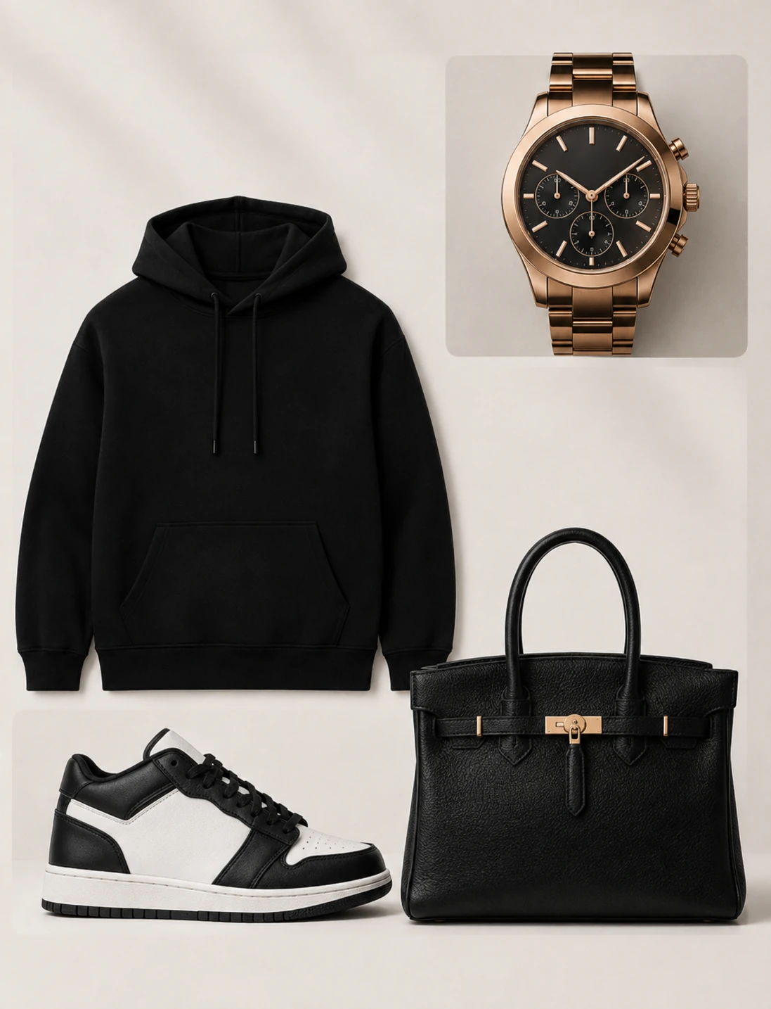 Curated collection featuring a black hoodie, watch, handbag and sneaker