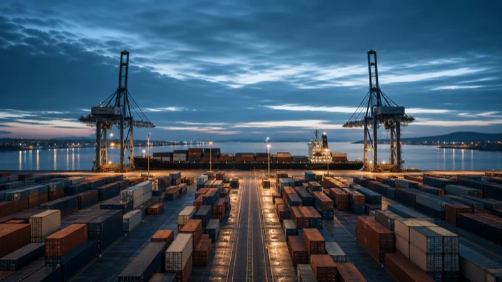 An organized global shipping port at blue hour