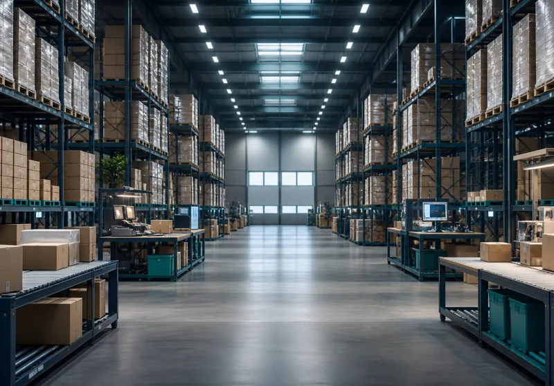 Organized warehouse with quality-control workstations